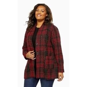 Lane Bryant Red/Black Plaid Tweed Shimmer Unlined Jacket Pockets Plus Size 26/28